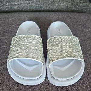 MIA Rhinestone Slide Sandals | White and Silver | Size 9
